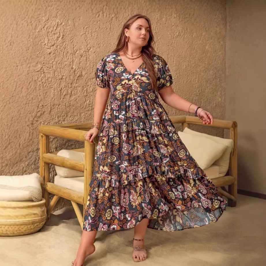 Womens Plus-Size Bohemian V-Neck Printed Short-Sleeve Dress - VEX CLUB HOUSE