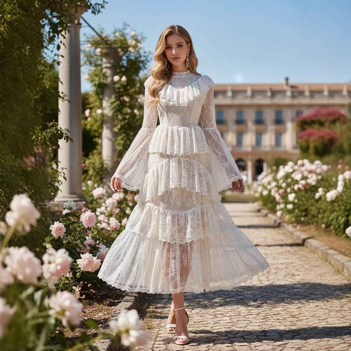 Stand-collar Embroidered Ruffled Maxi Dress - VEX CLUB HOUSE