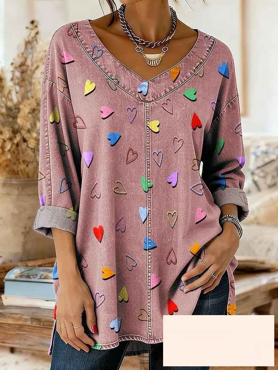 Retro Botanical Print Relaxed-fit Long-sleeve Casual Top - VEX CLUB HOUSE