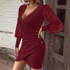 Autumn Solid-Color V-Neck Slim-Fit Sexy Dress - VEX CLUB HOUSE