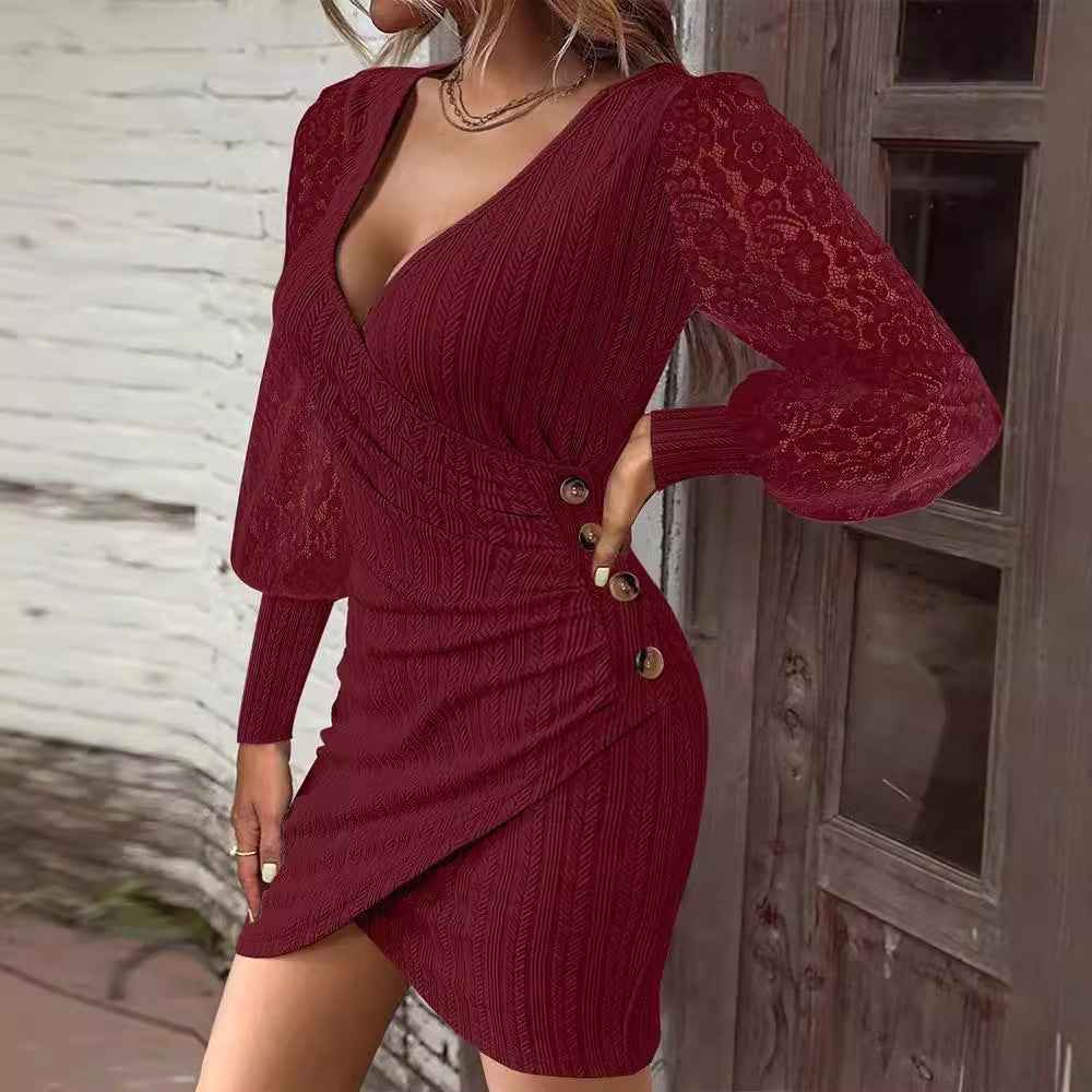 Autumn Solid-Color V-Neck Slim-Fit Sexy Dress - VEX CLUB HOUSE