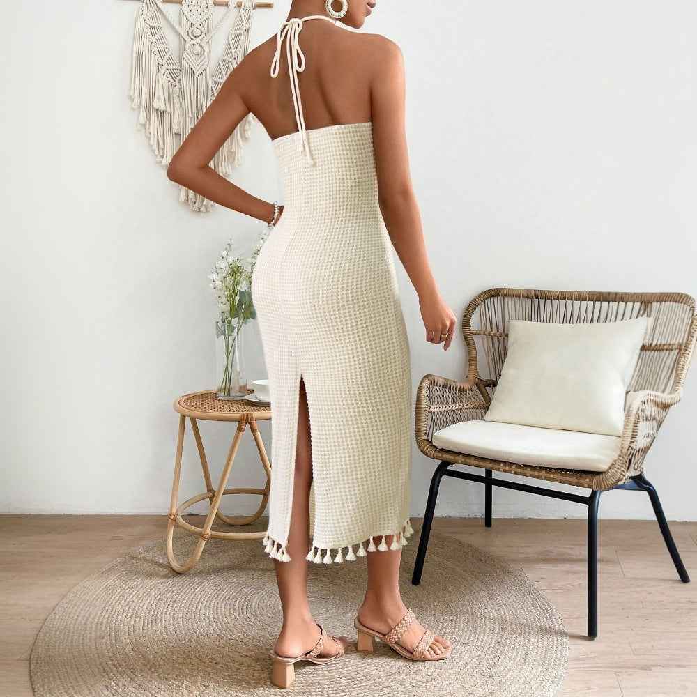 Womens Solid-Color Fashion Tassel Halterneck Lace-Up Dress - VEX CLUB HOUSE