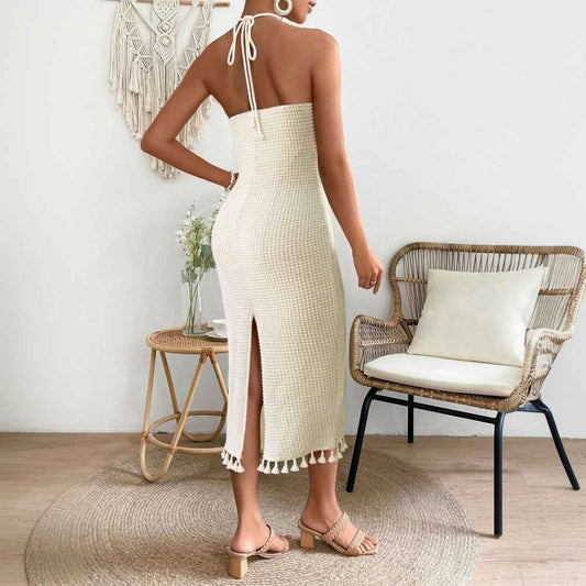 Womens Solid-Color Fashion Tassel Halterneck Lace-Up Dress - VEX CLUB HOUSE
