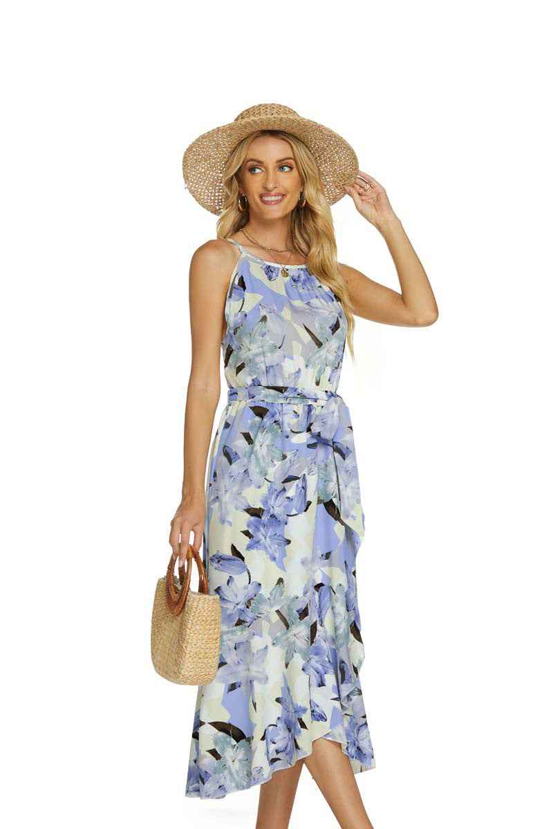 Fashionable Printed Halterneck Sleeveless Lace-Up Dress - VEX CLUB HOUSE