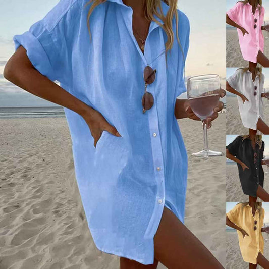 Women's Casual Loose-Fit Fashionable Cotton-Linen Solid-Color Short-Sleeve Top - VEX CLUB HOUSE