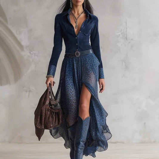 New FallWinter Fashion Casual Polo-Neck Patchwork Long-Sleeve Dress - VEX CLUB HOUSE
