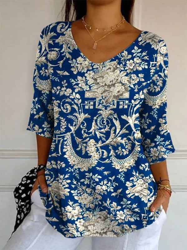 Elegant Retro Womens Casual Floral Print V-Neck Long-Sleeve Top - VEX CLUB HOUSE