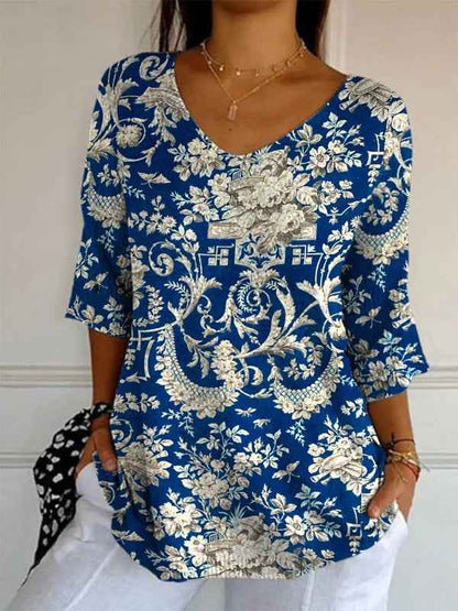 Elegant Retro Womens Casual Floral Print V-Neck Long-Sleeve Top - VEX CLUB HOUSE