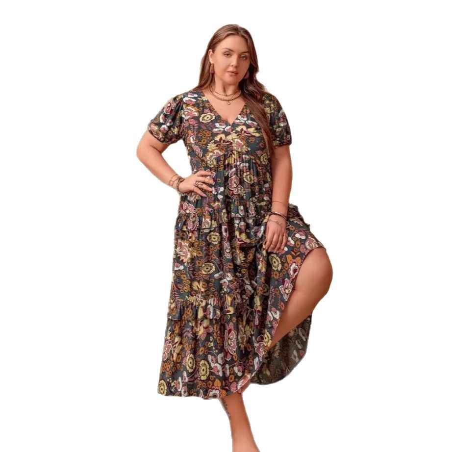 Womens Plus-Size Bohemian V-Neck Printed Short-Sleeve Dress - VEX CLUB HOUSE