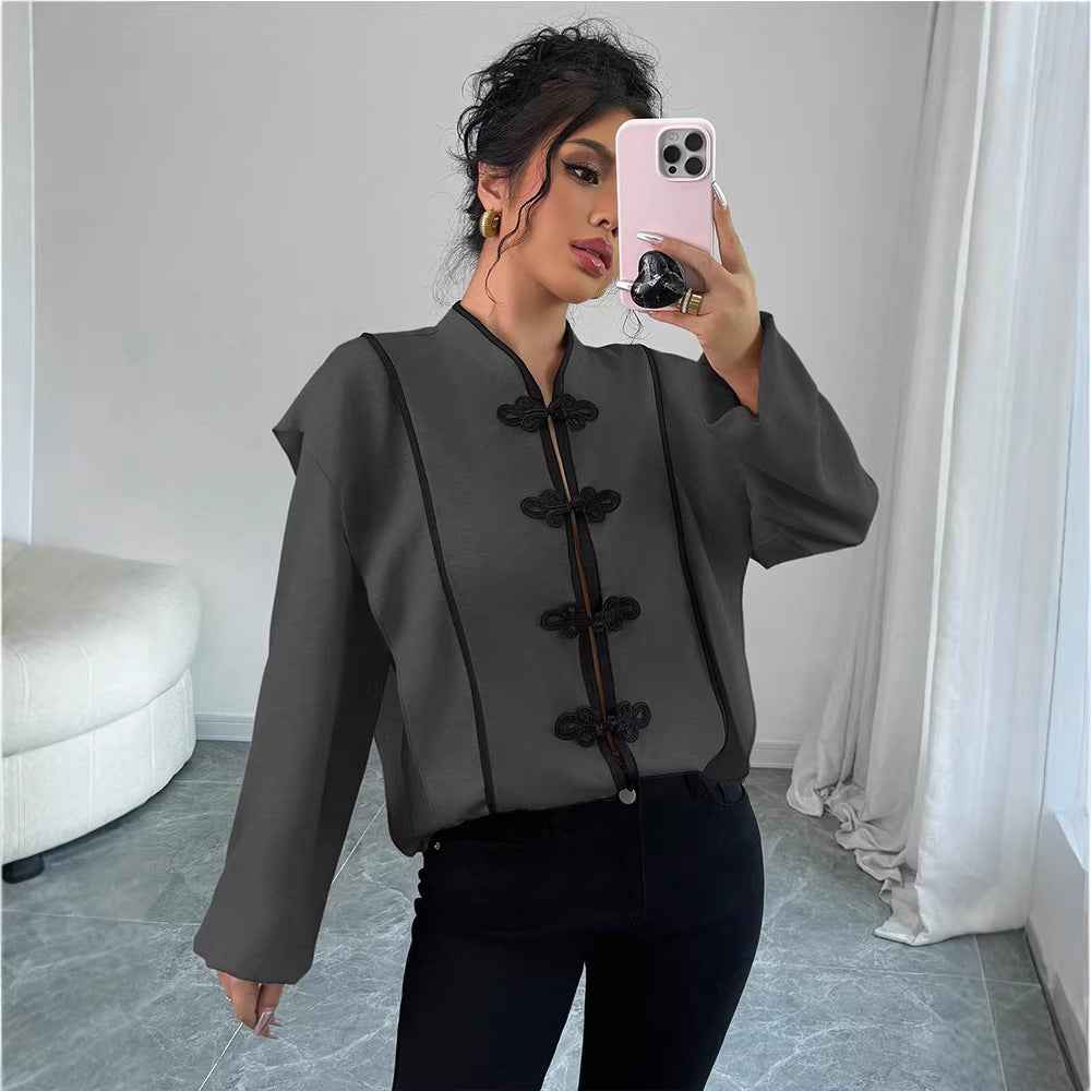 Womens Chinese-knot Ethnic-style Long-sleeve Blouse - VEX CLUB HOUSE