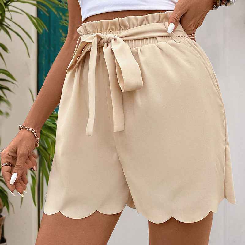 Lace-up Scalloped Solid Color Shorts For Women - VEX CLUB HOUSE