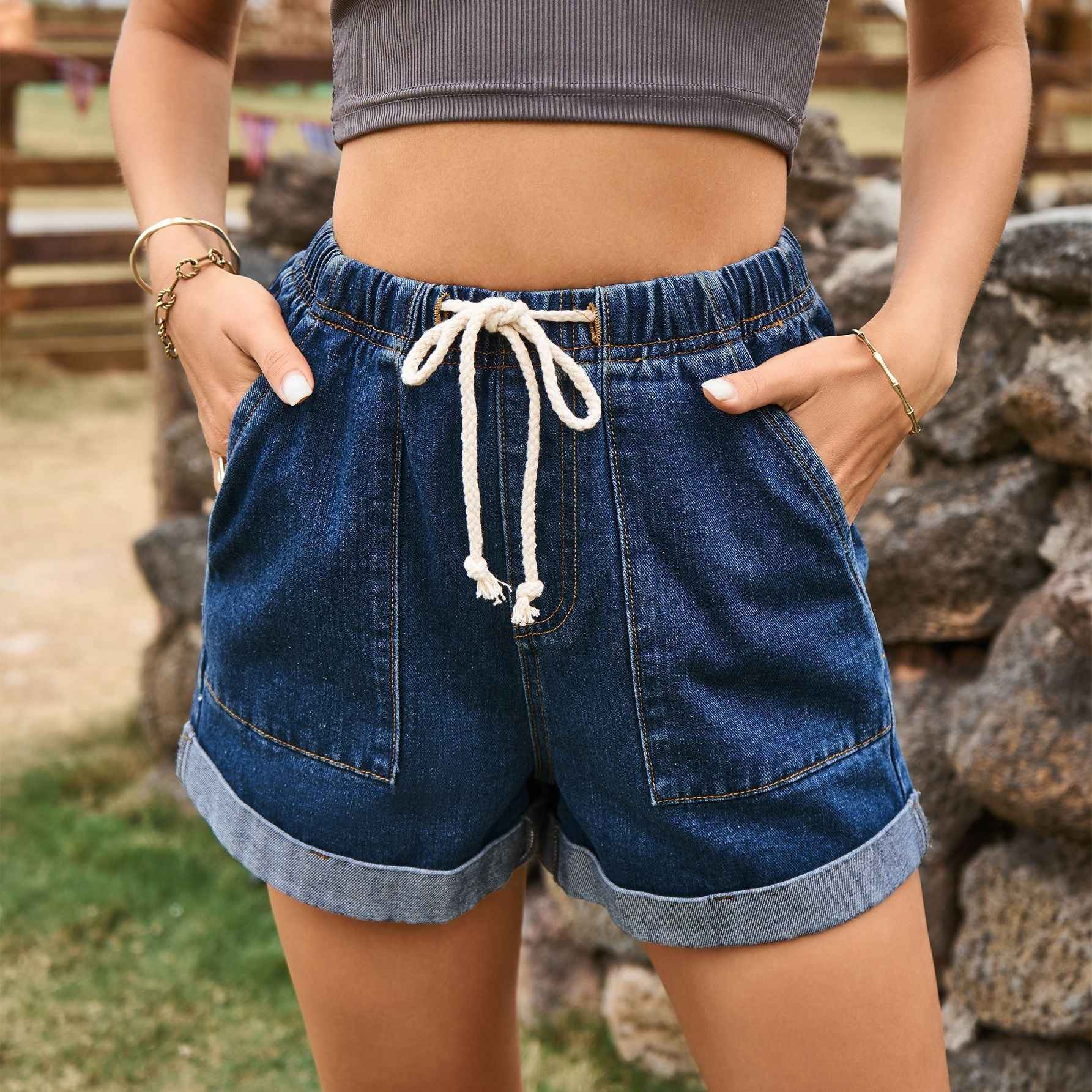 Tied Elastic Waist Curling Denim Shorts For Women - VEX CLUB HOUSE