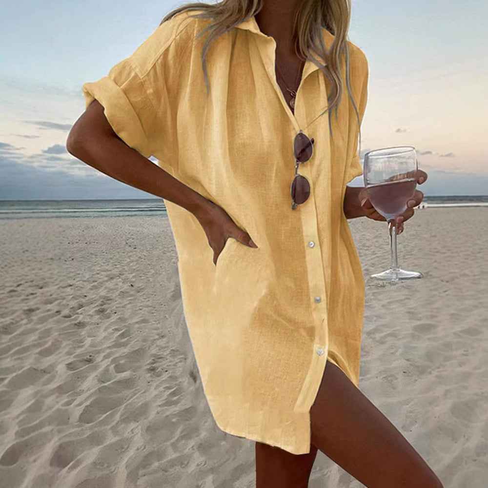 Women's Casual Loose-Fit Fashionable Cotton-Linen Solid-Color Short-Sleeve Top - VEX CLUB HOUSE