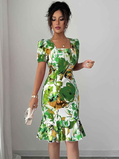 Womens Retro Square-Neck Puff-Sleeve Waist-Cinching Ruffle-Trim Dress - VEX CLUB HOUSE