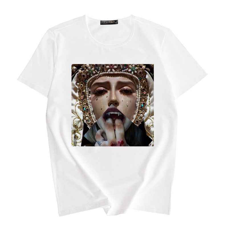 Women's Summer Spoof Oil Painting Print Round Neck T-shirt Top - VEX CLUB HOUSE