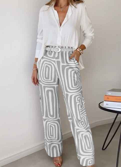 Women's Casual Long-sleeved Lapel Shirt Printed Wide-leg Pants Suit - VEX CLUB HOUSE