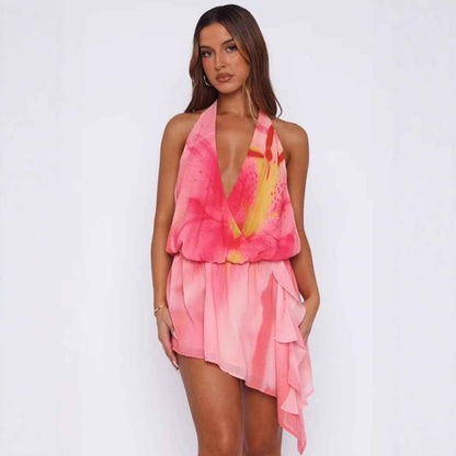 Sexy Halterneck Off-Shoulder Irregular Print Dress - VEX CLUB HOUSE