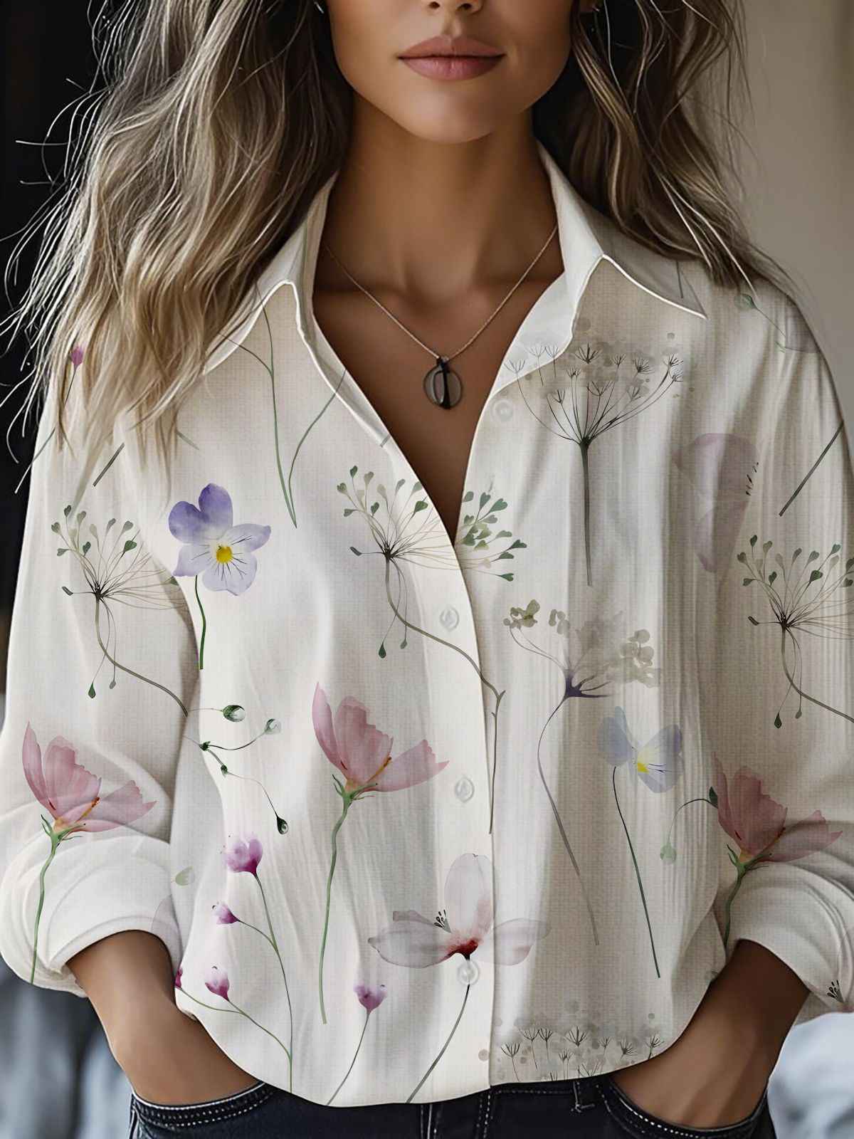 Floral-print Long-sleeve Shirt Delicate Linen Casual Blouse - VEX CLUB HOUSE