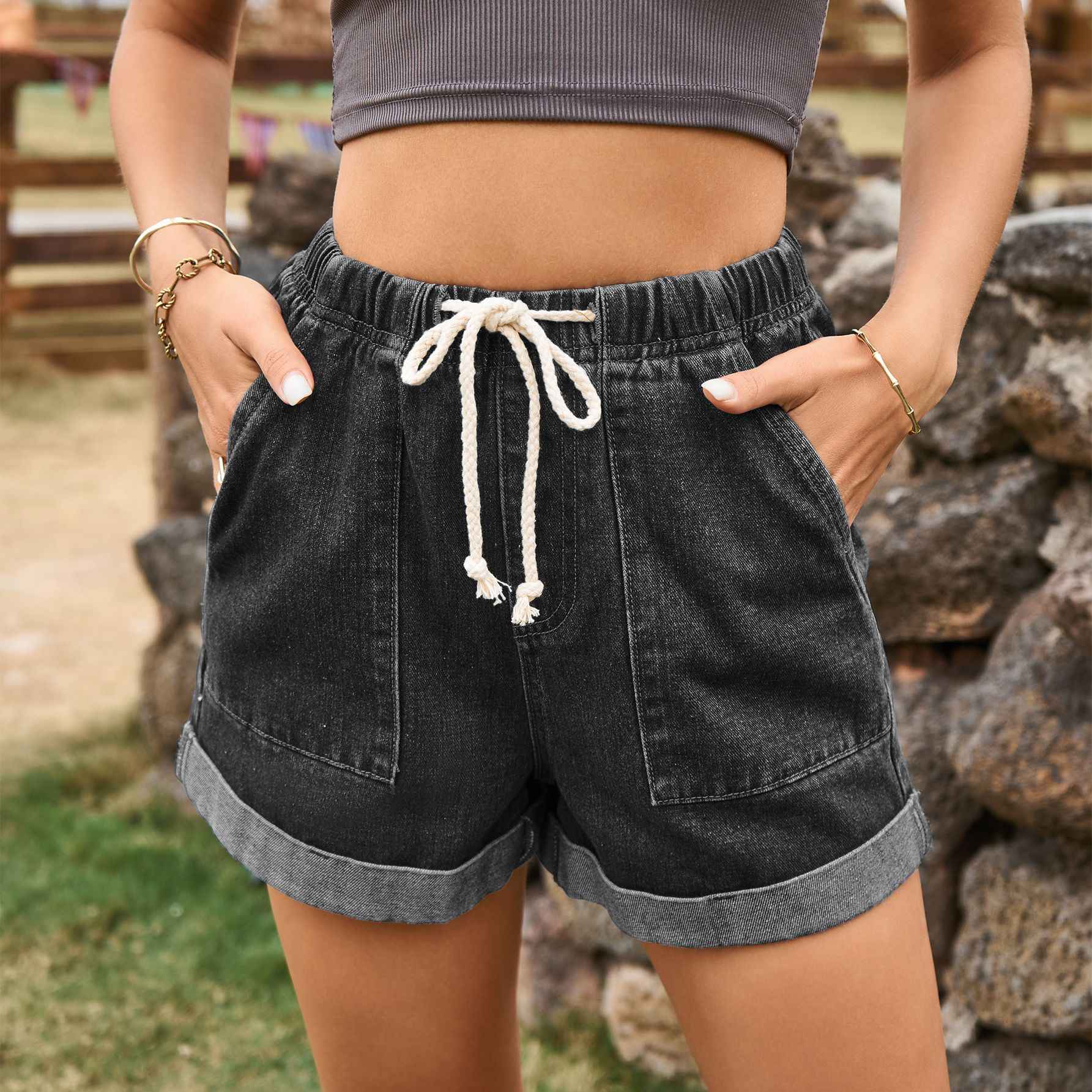 Tied Elastic Waist Curling Denim Shorts For Women - VEX CLUB HOUSE